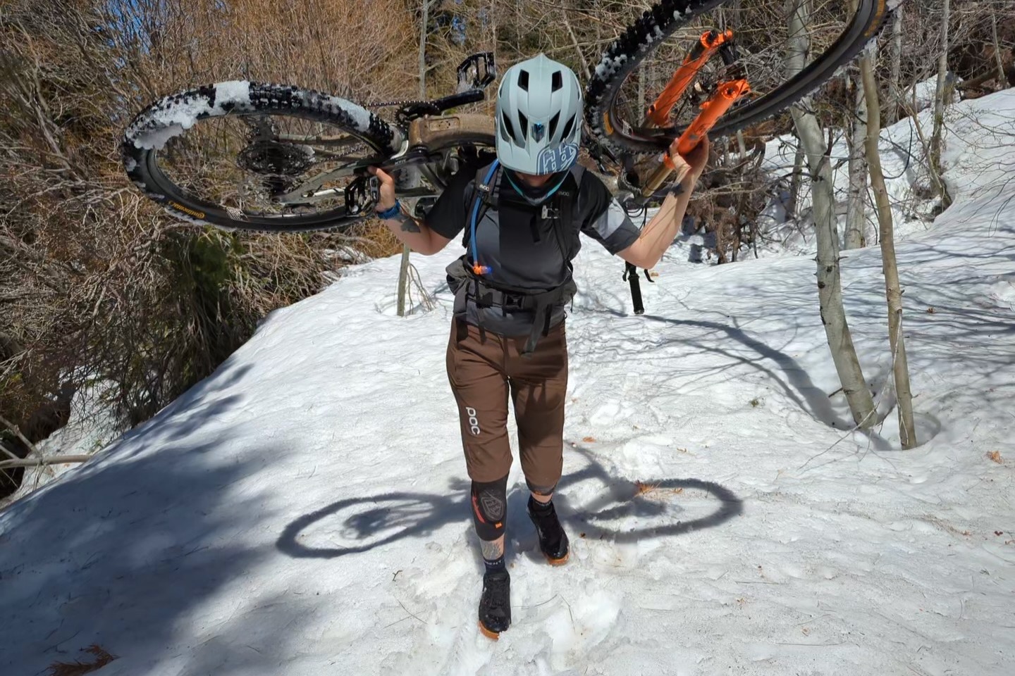 Review author Kira Deschaux testing the best women's mountain bike shorts