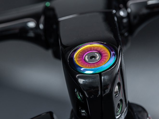 Close up of the bike's stem, showing