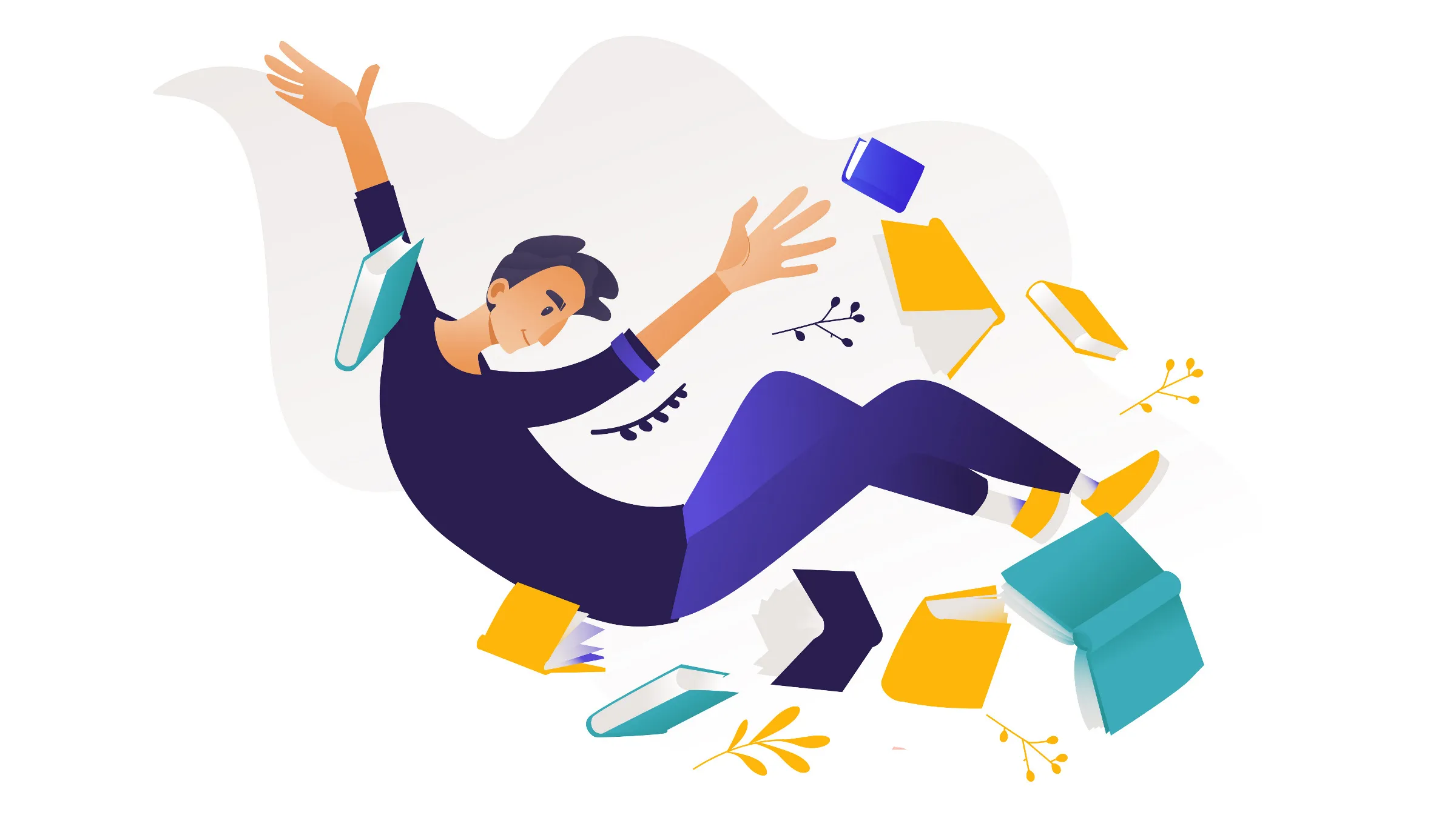 boy floating among books, illustration