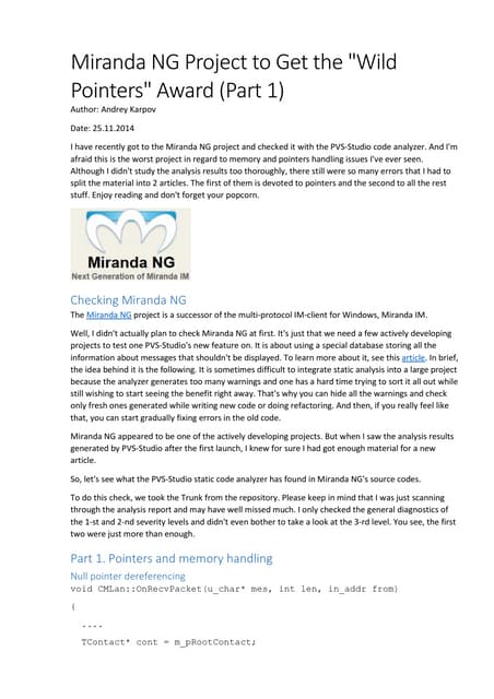 Miranda NG Project to Get the "Wild Pointers" Award (Part 1) 