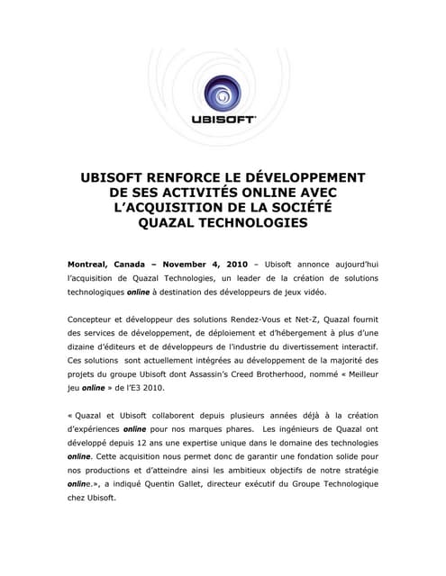 Ubisoft renforce de développement de ses activités online avec l'acquisition ...