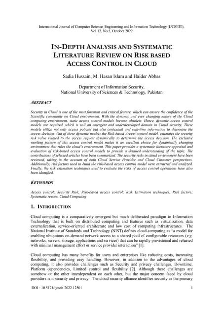 IN-DEPTH ANALYSIS AND SYSTEMATIC LITERATURE REVIEW ON RISK BASED ACCESS CONTR...