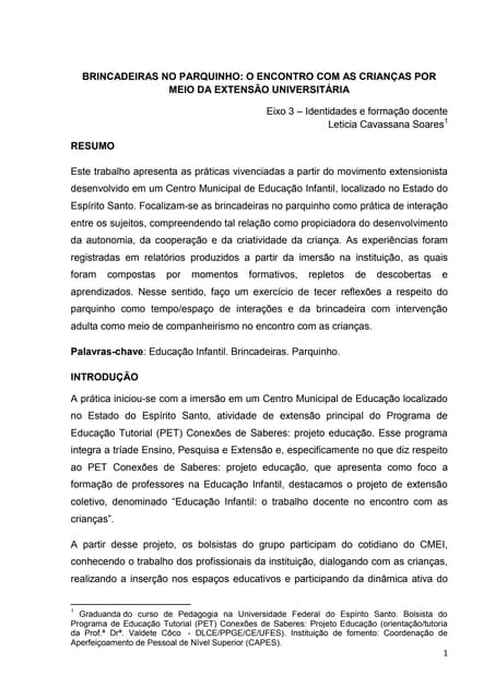 BRINCADEIRAS NO PARQUINHO: O ENCONTRO COM AS CRIANÇAS POR MEIO DA EXTENSÃO UN...
