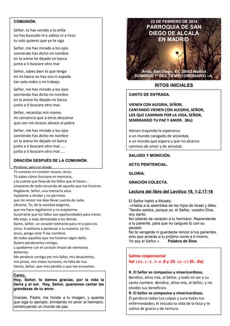 GUIÓN DEL DOMINGO VII DEL TO. CICLO A. DIA 23 DE FEBRERO DEL 2014