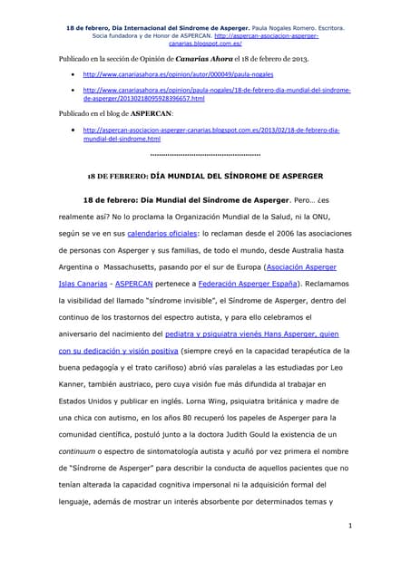 18 de febrero Día Internacional del Síndrome de Asperger: una reflexión desde...