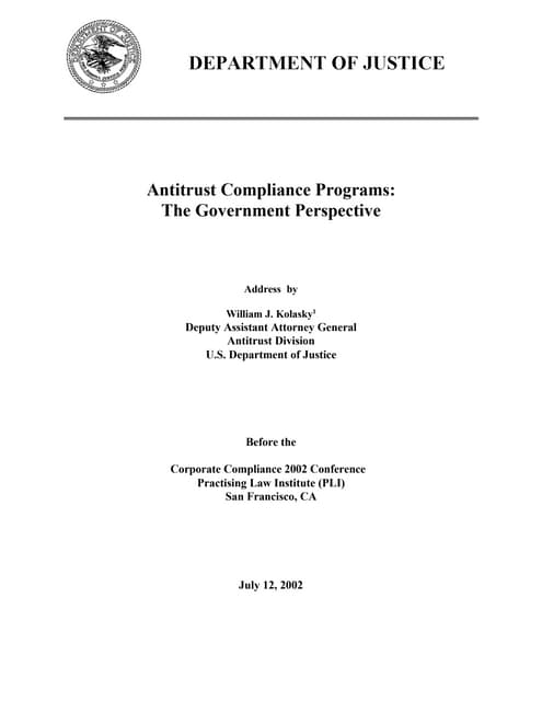 William J. Kolasky Antitrust Compliance Programs The Governm