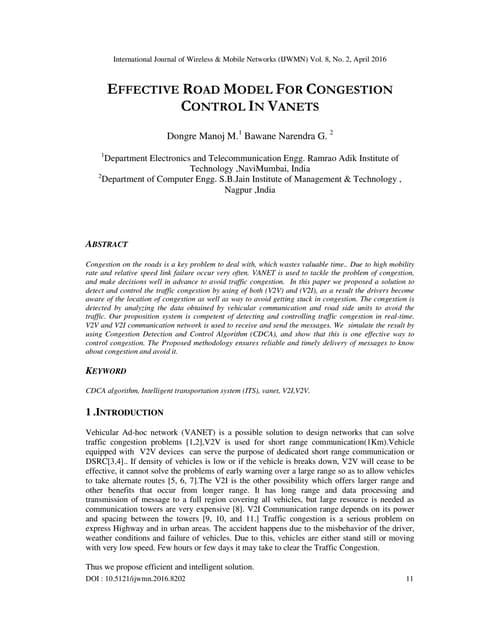 Effective Road Model for Congestion Control in VANETS