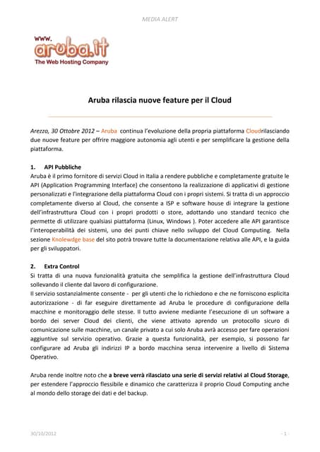 Aruba rilascia nuove feature per il Cloud