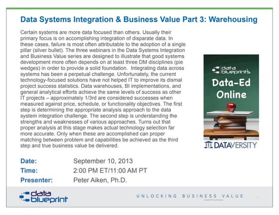 Data-Ed: Data Systems Integration & Business Value Pt. 3: Warehousing