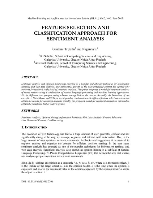 FEATURE SELECTION AND CLASSIFICATION APPROACH FOR SENTIMENT ANALYSIS