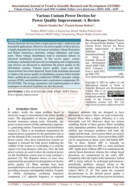 Various Custom Power Devices for Power Quality Improvement A Review
