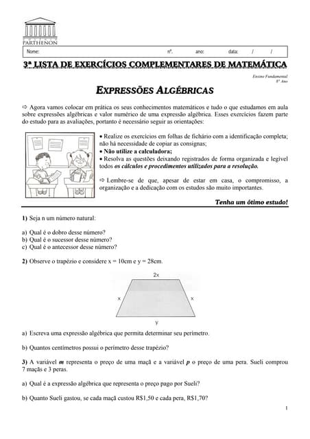 3ª lista de exercícios complementares de matemática (expressões algébricas) p...