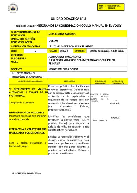 UNIDAD DE QUINTO GRADO SECUENCIA DE VOLEY