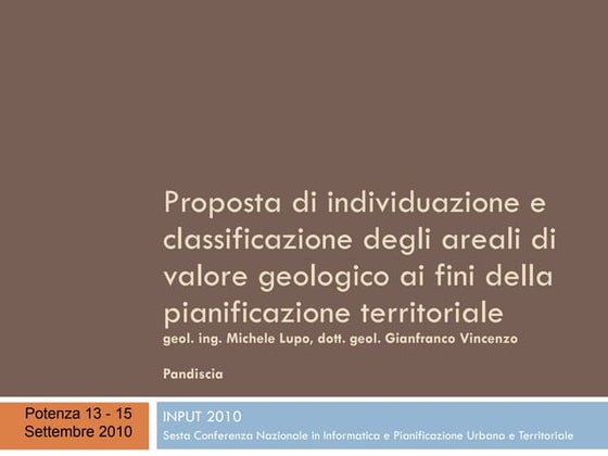 Proposta di individuazione e classificazione degli areali di valore geologico...