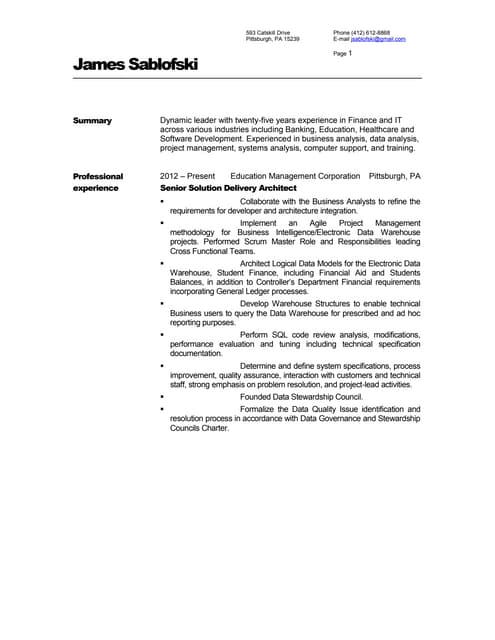 James Sablofski Solution Architect Resume