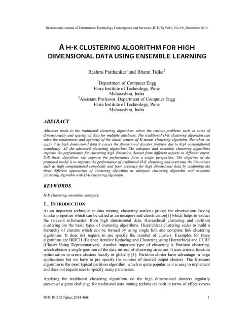 A h k clustering algorithm for high dimensional data using ensemble learning
