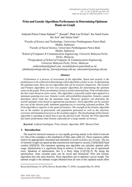 Prim and Genetic Algorithms Performance in Determining Optimum Route on Graph