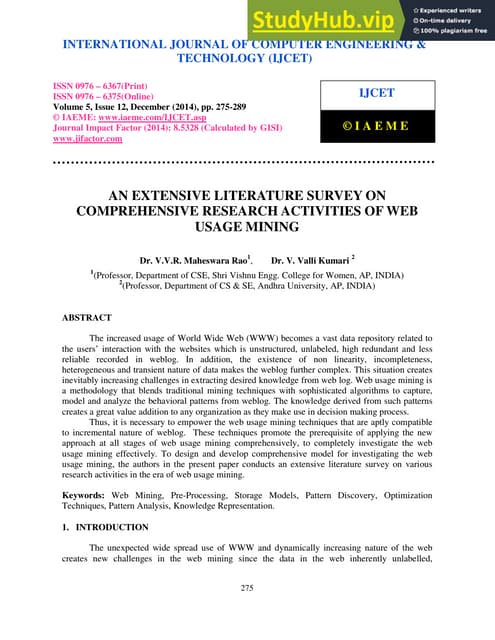 AN EXTENSIVE LITERATURE SURVEY ON COMPREHENSIVE RESEARCH ACTIVITIES OF WEB US...