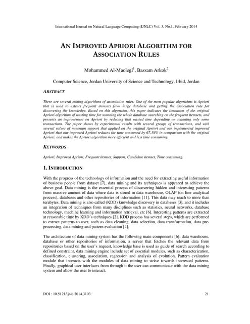 An improved apriori algorithm for association rules