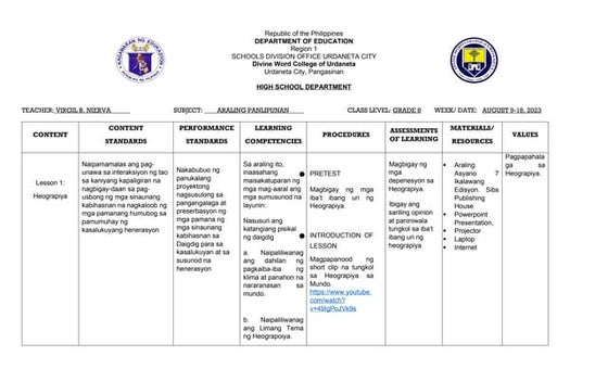 ARALING PANLIPUNAN 8 LEARNING       PLAN