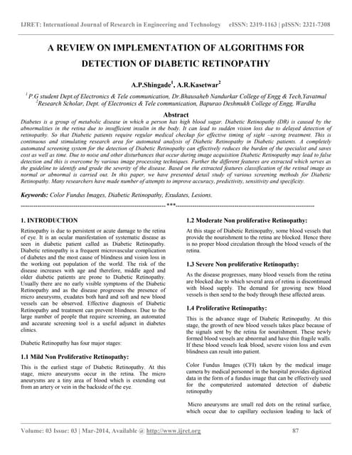 A review on implementation of algorithms for detection of diabetic retinopathy