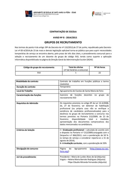 CONTRATAÇÃO DE ESCOLA AVISO Nº 8 - 2014/2015