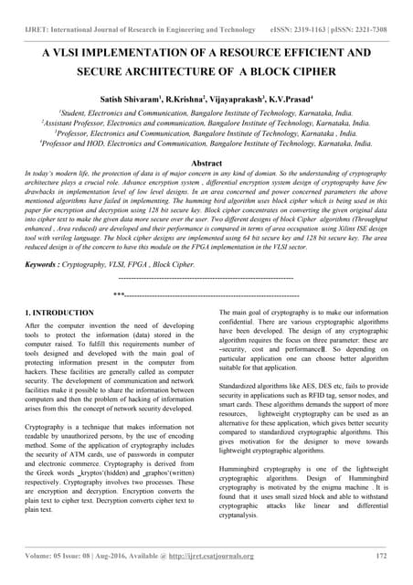 A vlsi implementation of a resource efficient and secure architecture of  a b...