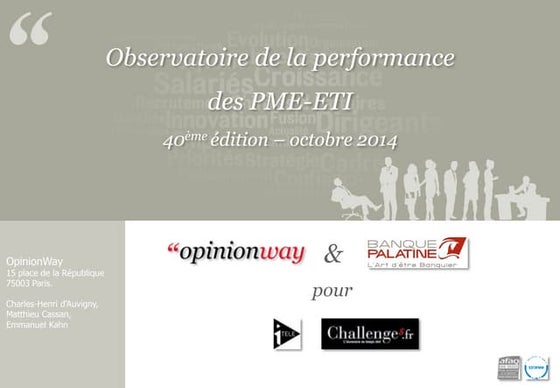 Baromètre PME-ETI Banque Palatine Challenges Itélé par OpinionWay - octobre 2014