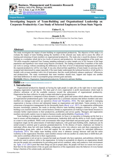 Investigating Impacts of Team-Building and Organisational Leadership on Corpo...