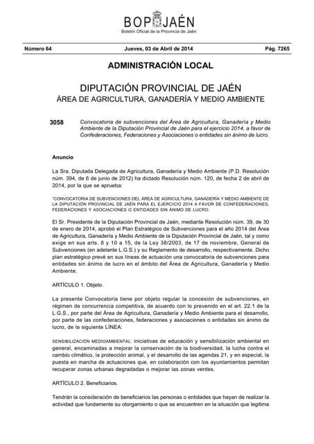 SUBVENCIONES ÁREA AGRICULTURA, GANADERÍA Y MEDIO AMBIENTE DE LA DIP. JAÉN PAR...