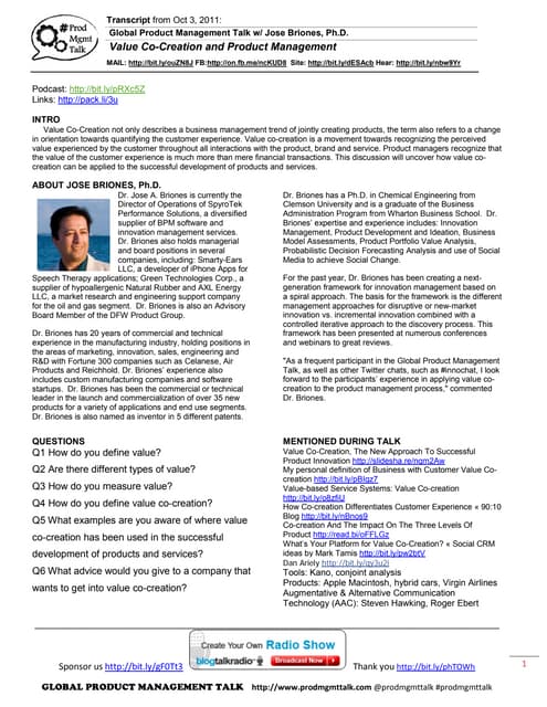 Oct. 3, 2011: Product Management and Value Co-Creation w/Jose Briones, PhD.