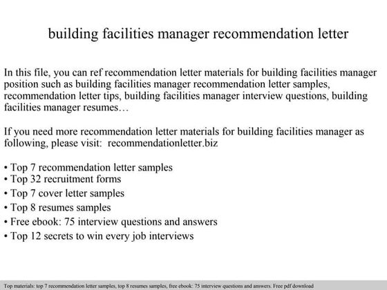 Building facilities manager recommendation letter