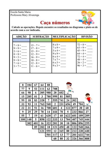 Caça números - Adição,  subtração, multiplicação e divisão