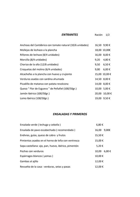 Carta comida cambio de precio