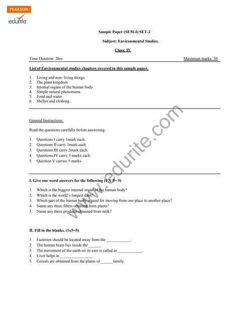 Class 4 CBSE EVS Sample Paper Term 1 Model 2