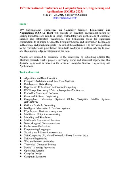 Call for Papers - 15th International Conference on Computer Science, Engineer...