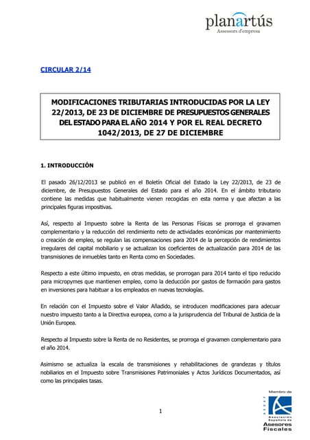 Circular 2 14. Ley de Presupuestos Generales del Estado 2014