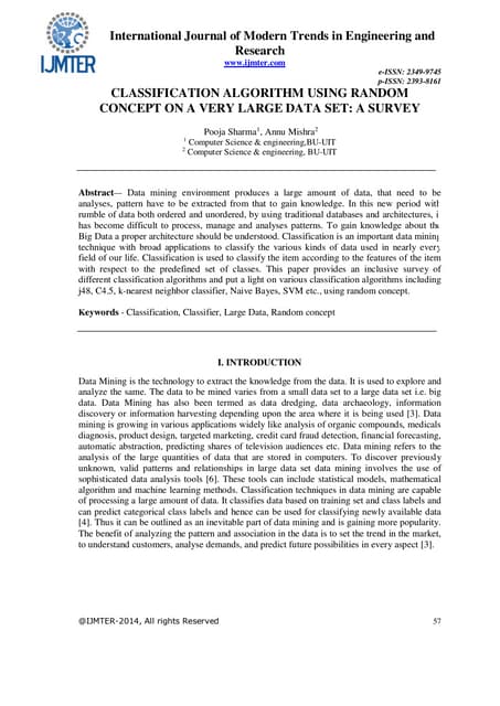 CLASSIFICATION ALGORITHM USING RANDOM CONCEPT ON A VERY LARGE DATA SET: A SURVEY