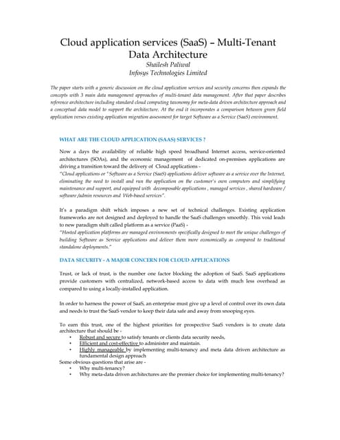 Cloud application services (saa s) – multi tenant data architecture