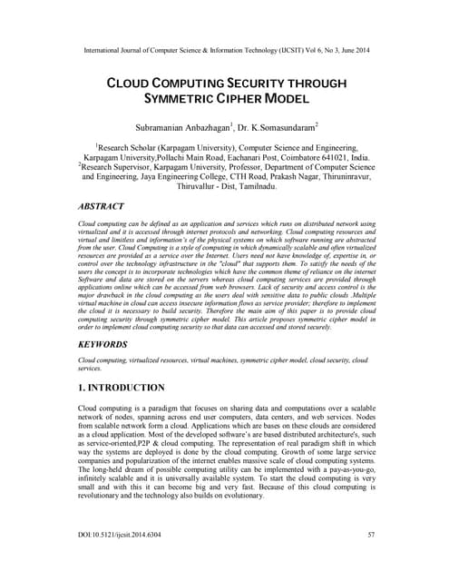 Cloud computing security through symmetric cipher model