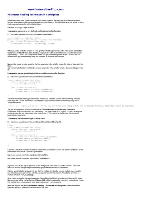 Code igniter parameter passing techniques