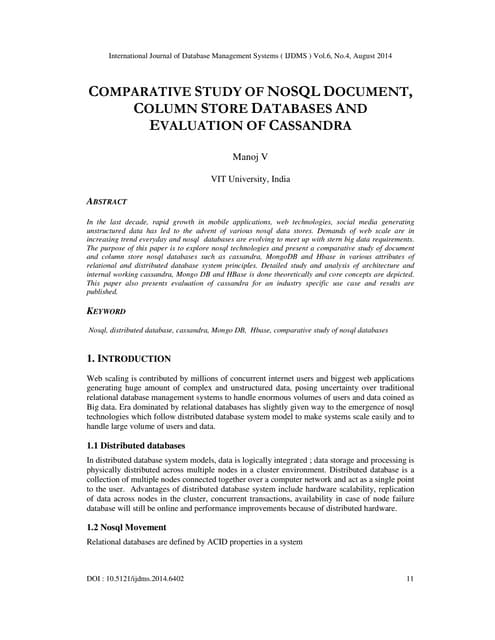 Comparative study of no sql document, column store databases and evaluation o...