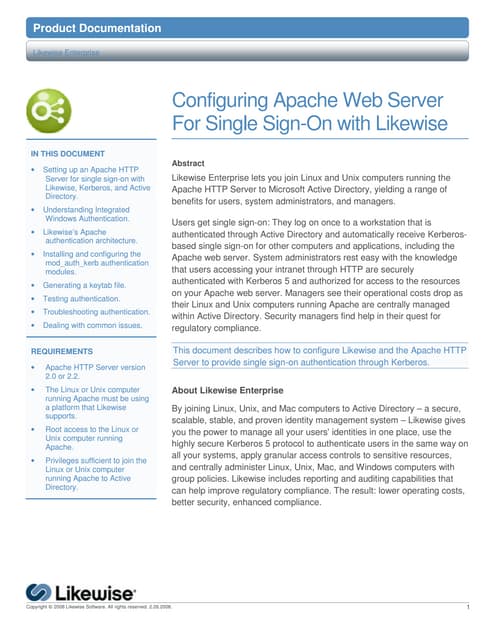 Configuring Apache Web Server For Single Sign-On with Likewise