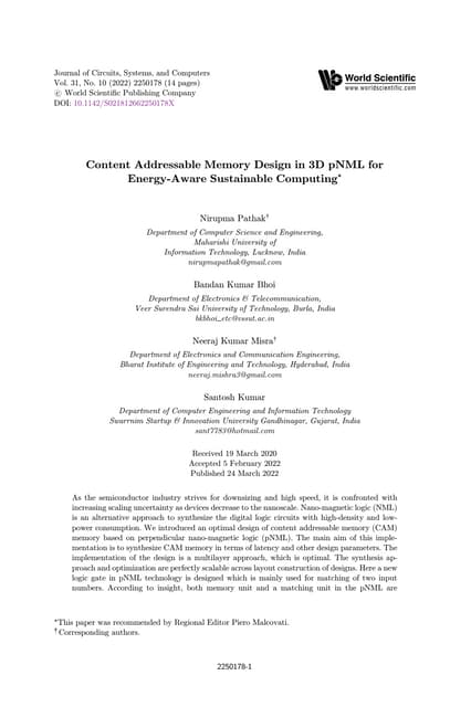 Content Addressable Memory Design in 3D pNML for Energy-Aware Sustainable Com...