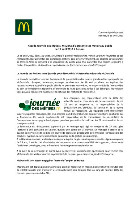 Cp journée des métiers mc donald's