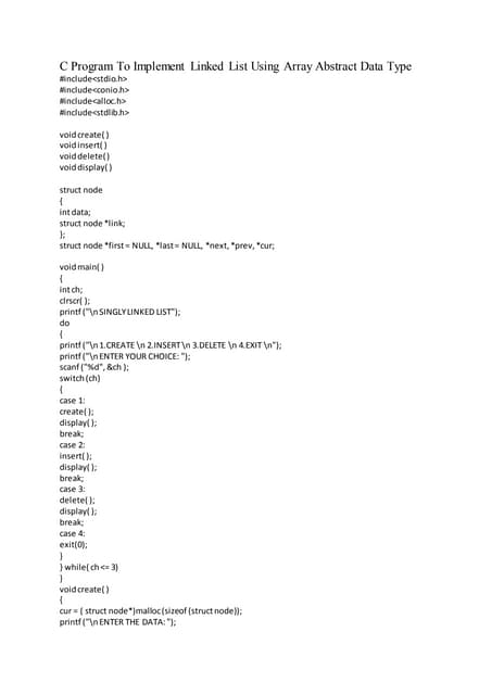 C program to implement linked list using array abstract data type