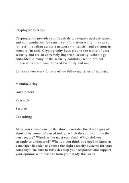 Cryptography KeysCryptography provides confidentiality, inte.docx