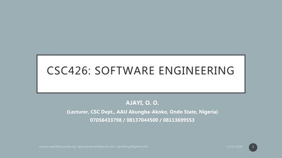 CSC426   - Software Engineering Lecture Note Cont'd