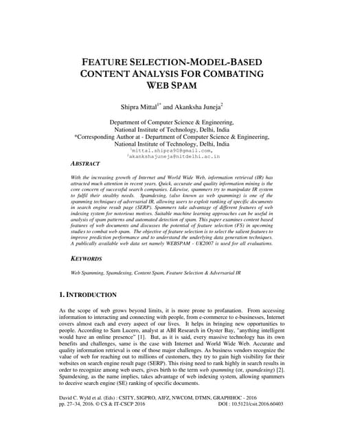 FEATURE SELECTION-MODEL-BASED CONTENT ANALYSIS FOR COMBATING WEB SPAM 