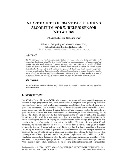 A FAST FAULT TOLERANT PARTITIONING ALGORITHM FOR WIRELESS SENSOR NETWORKS